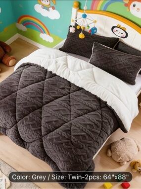 Plush Reversible Grey Sherpa Comforter Set - Twin